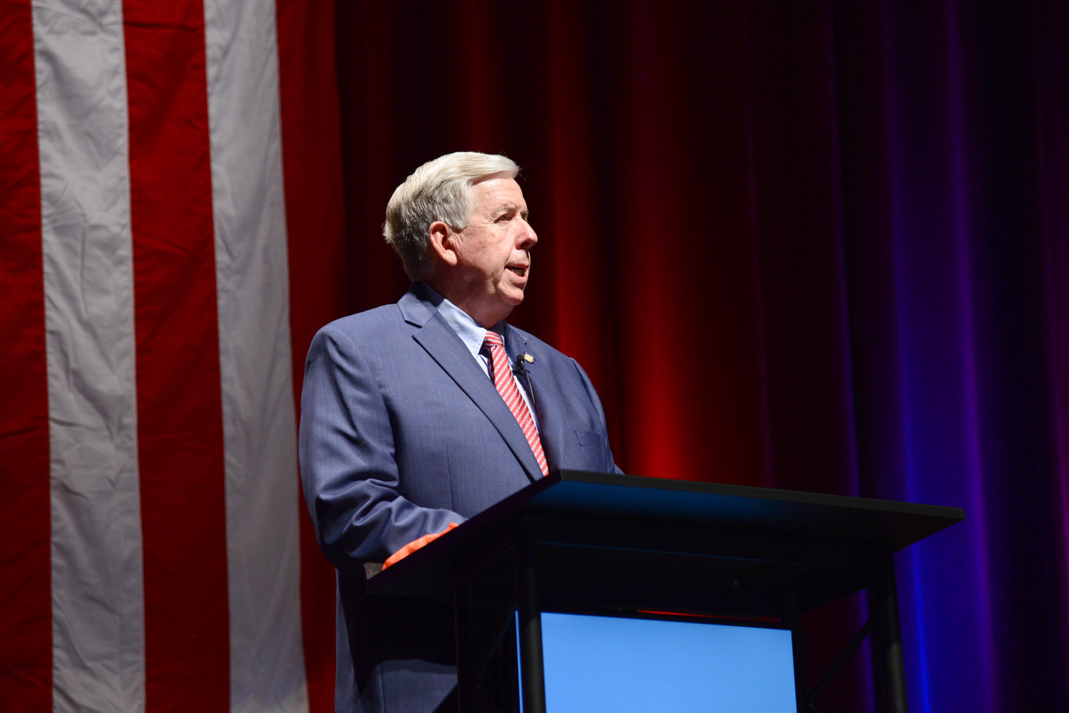 Gov. Mike Parson discusses an improved work climate in Missouri at Juanita K. Hammons Hall for the Performing Arts.